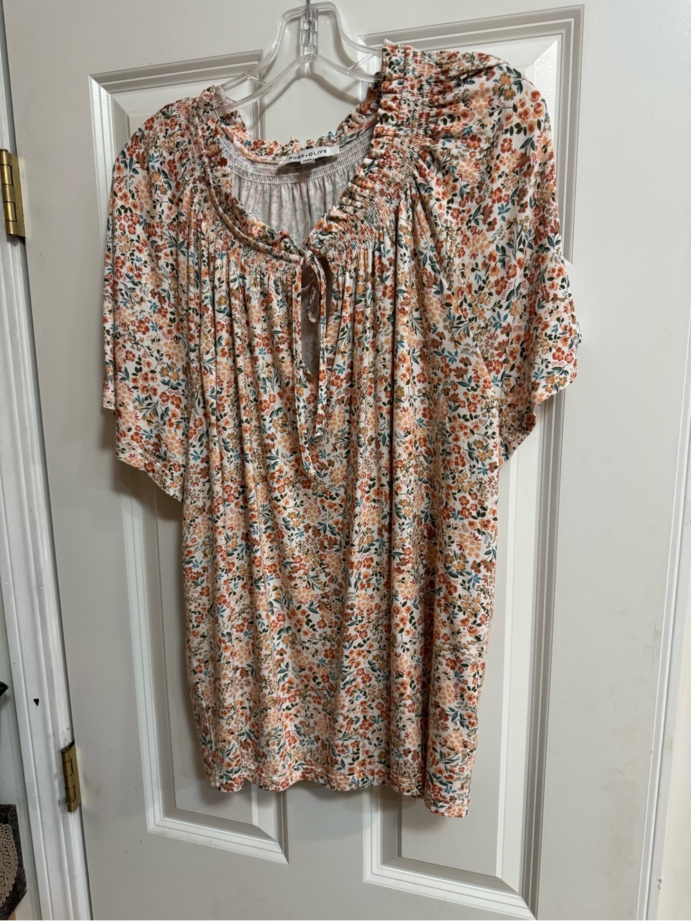 Rose & Olive Cream Floral Tie-Neck Tunic with Orange and Green Accents